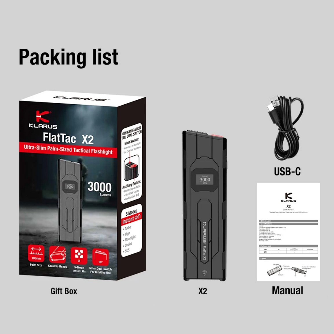 Edc Carry Flashlight - Lanterna tática EDC Klarus 3000LM ultrafina