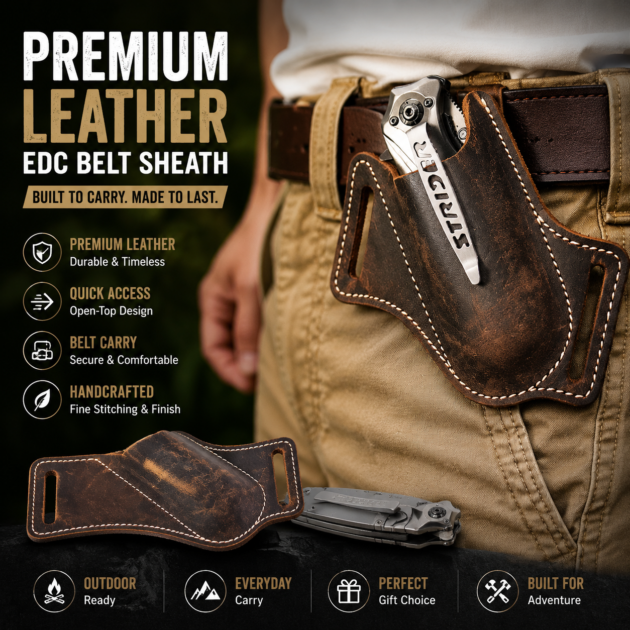 Leather Edc. Carry Pouch - Bolsa de Ferramentas de Sobrevivência EDC